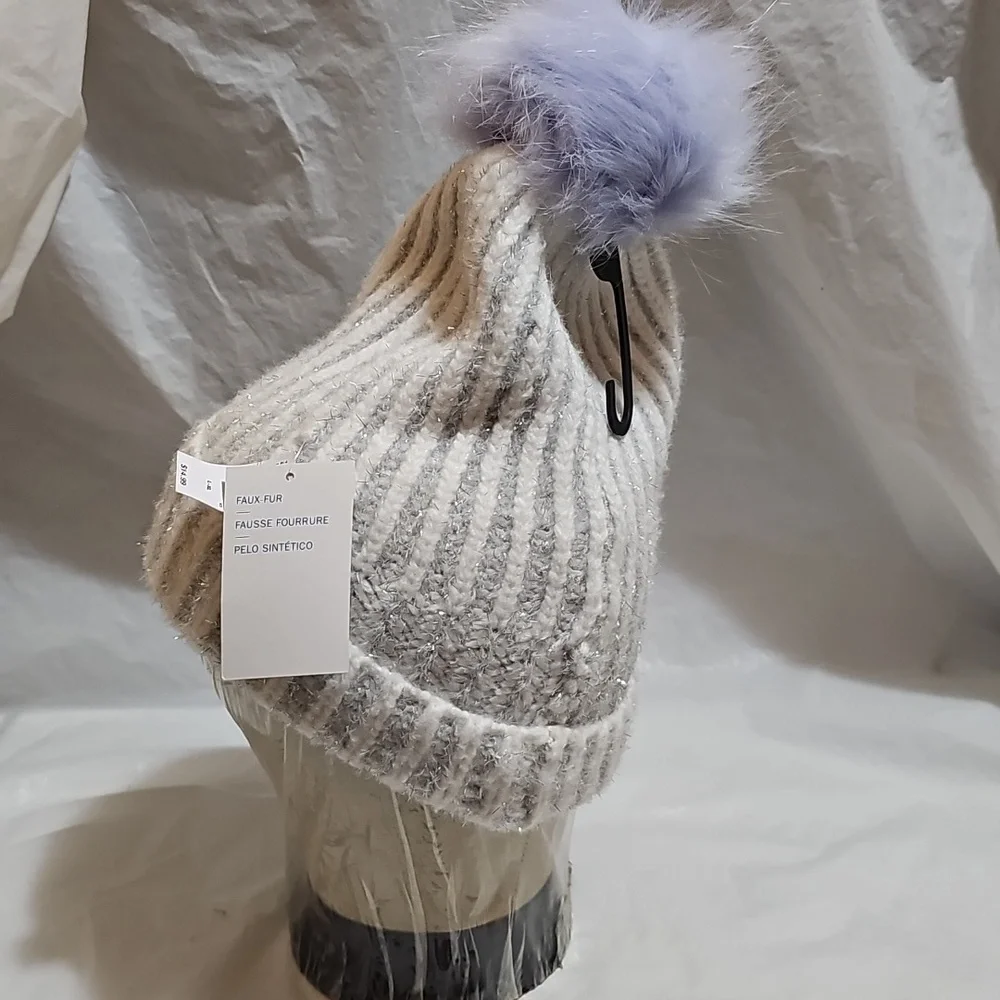 Old Navy Girl L-XL White Ribbed Beanie w/Metallic Silver Detail, Purple Pom New